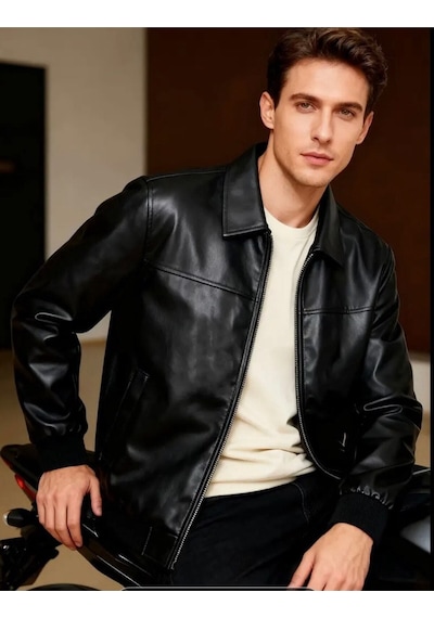 Basic Slim Fit Polo Yakalı Deri Ceket Siyah Deri