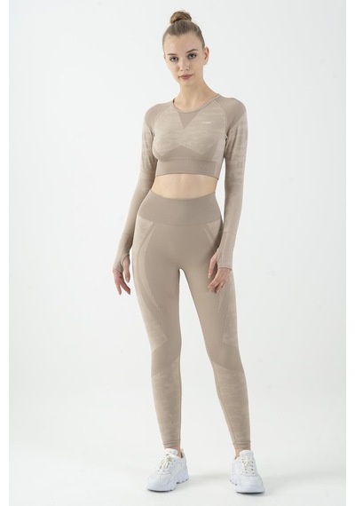 Maraton Active Slimfit Kadın Bisiklet Yaka Uzun Kol Fitness Açık Vizon Crop Top 816013 Açık Vizon