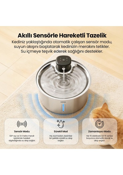 Wf05 Sensörlü Metal Kedi Su Sebili, Su Pınarı, Radar Sensörlü, Şarj Edilebilir, Kablosuz Kullanım, Çelik Tasarım