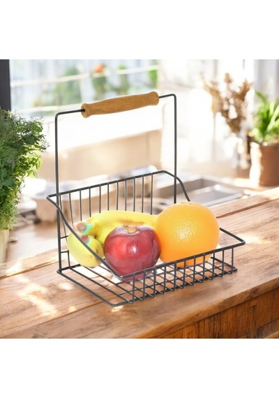 Retro Ferforje Tek Sepet, Ahşap Kulplu Mutfak Banyo Salon Ofis Düzenleyici Sepet Organizer Siyah, 20x20 Cm Diğer