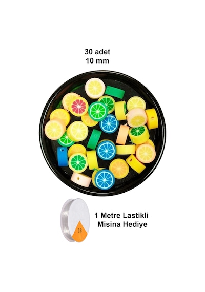 30 Adet 10 Mm Polimer Kil Fimo Boncuk Takı Bileklik + 1 Metre Lastikli Misina Hediye - Renkli Limon