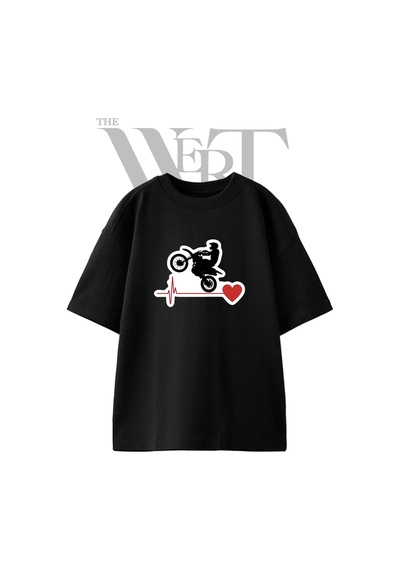 Thewert Motocross Heartbeat Tasarım Baskılı Ünisex Siyah Oversize T-shirt
