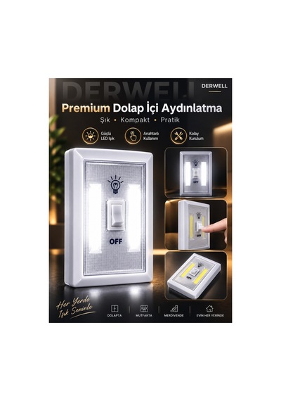 Kablosuz Cob Led Duvar Lambası - Pilli Pratik Led Gece Lambası Anahtarlı Işıldak - Ev Ofis Dolap İçi Gardırop Karavan Merdiven Aydınlatması Mıknatıslı Taşınabilir Lamba
