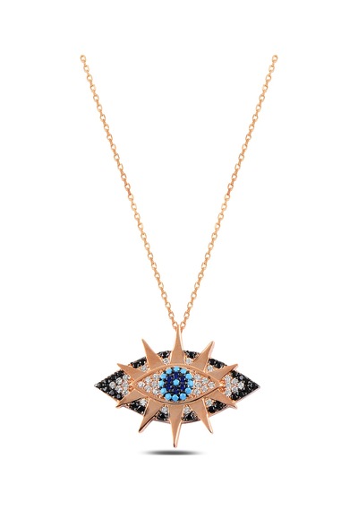 Çekirdekjewelry 925 Ayar Gümüş Rose Kaplama Göz Kolye Mavi Taşlı Nazar Model Pembe