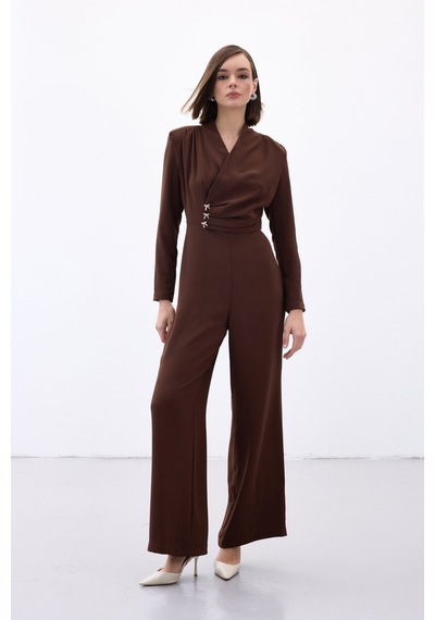 Sateen Fiyonk Aksesuarlı Krep Tulum - Kahve-136701 Kahve