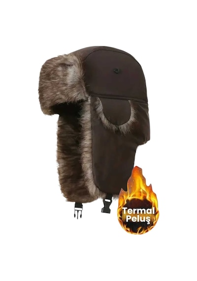 Unisex Termal Peluş Kürklü Pilot Şapka Kahverengi