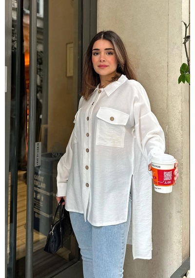 WeShaya Kadın Beyaz Balon Kol, Pileli, Yırtmaçlı, Oversize, Keten Tunik Gömlek Beyaz
