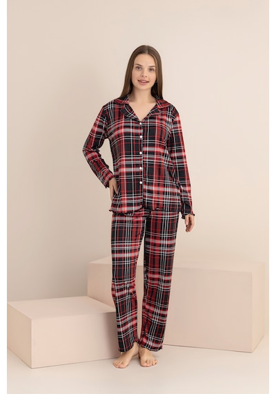 Rindahomewear Kadın Ekose Desenli Milan Örme Uzun Kol Kadın Düğmeli Pijama Takımı Kırmızı