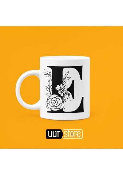 E Harfi Baskılı Porselen Kupa 330ml Beyaz