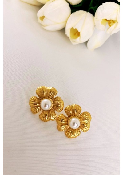 Çizgili Çiçek Gold Küpe Çok Renkli