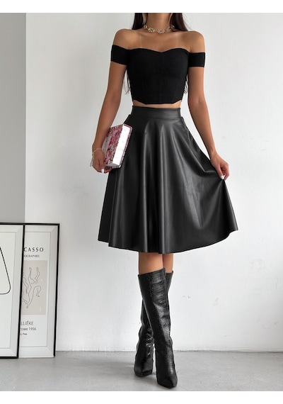 Ozy Fashion Siyah Yüksek Bel,içi Şardonlu,beli Lastikli,deri Kroşe Etek Siyah
