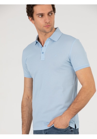 Buz Mavisi Polo Yaka Slim Fit Basic Merserize T-shirt Acık Mavı
