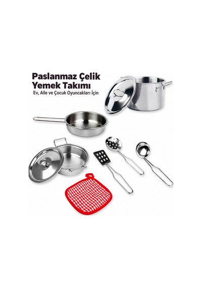 Paslanmaz Çelik Oyuncak Tencere Tava Seti 8 Parça Metal Oyuncak Mutfak Yemek Takımı Seti