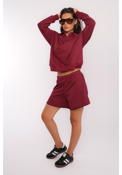 Madmext Bordo Polo Yaka Kadın Şort Sweatshirt Takım Mg2375