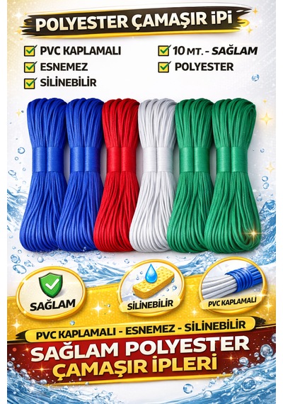 3'lü Pvc Kaplamalı Kopmaz Çok Amaçlı Çamaşı Kurutma İpi - Her Biri 10 Mt. - 3 Adet Çok Renkli