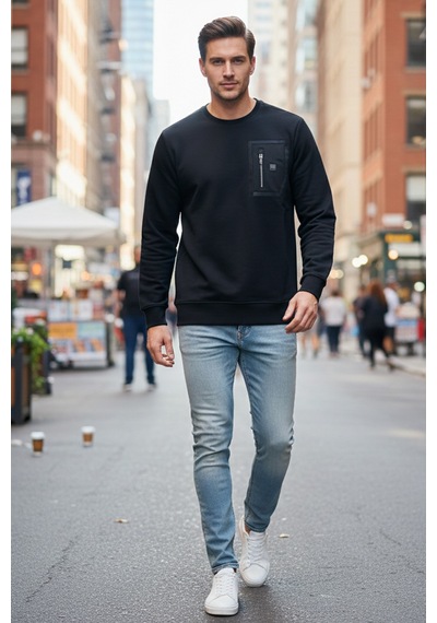 Remsa Erkek Fermuar Detay Bisiklet Yaka Pamuklu Sweatshirt 24722 Siyah Siyah