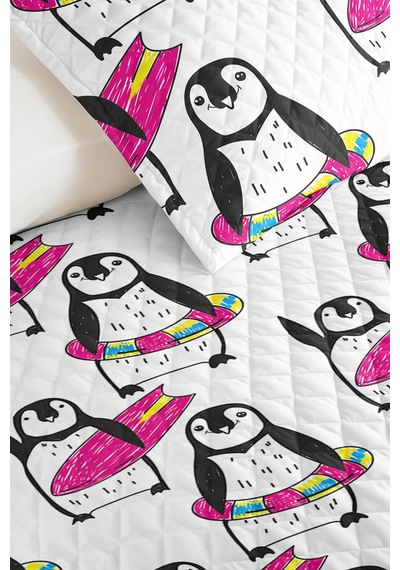 Evimde Bambaşka Penguen Pembe Çocuk Odası Tek Kişilik Pike Takımı-modern Siyah Beyaz 160x220 CM Kapitone Yatak Örtüsü