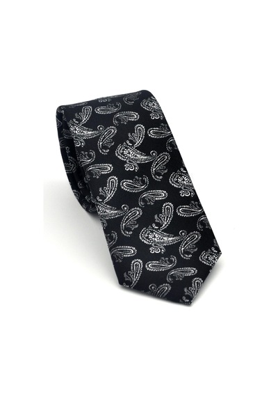Gaffy Gri Şal Desenli Siyah Dokuma Kumaş Mendilli Slim Fit Kravat // Sdk-2507-1 Siyah