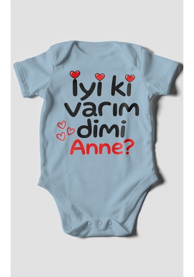 Morivokids İyi Ki Varım Dimi Anne Kısa Kollu Bebek Body %100 Pamuk Bebe Mavisi