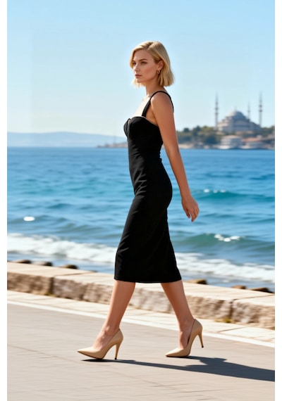 Benerly Kadın Bodycon Midi Elbise V Yaka Askılı Dokuma Finike Astarsız Dü Siyah