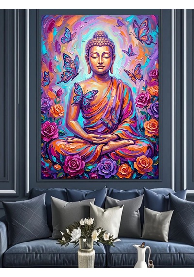 Kelebekli Ve Güllü Ve Renkli Buda Heykeli Meditasyon Yapan Dekoratif Kanvas - Mdf Ahşap Tablo Çok Renkli