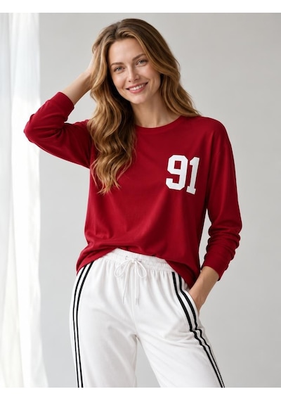 Nealirsanall.com Kadın "91" Baskılı Uzun Kollu İnce Sweatshirt / Body Kırmızı