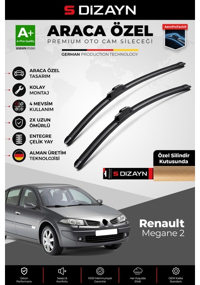 S-dizayn Renault Megane 2 Ön Cam Silecek Seti 2002-2006 Premium Araca Özel 60-45 Cm A+ Kalite