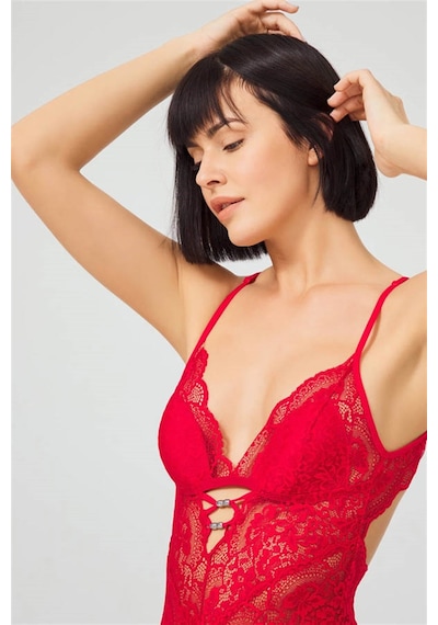 Cottonhill Kırmızı Çıtçıtlı Sırt Dekolte Transparan Kaplı Dantelli Bodysuit Kirmizi