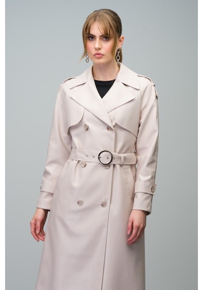 Olcay Apolet Ve Pelerin Detaylı Reglan Kol Kruvaze Deri Trençkot Taş 6610