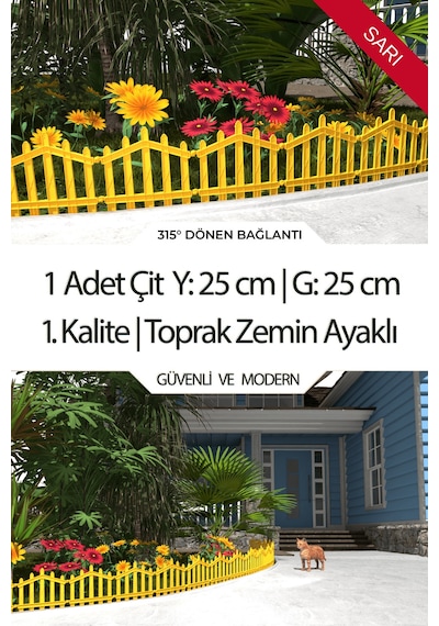 Dekoratif Plastik Bahçe Çiti Ve Peyzaj Çiti 1 Adet Çit Y: 25 Cm / G: 25 Cm Toprak Ayaklı - Sarı