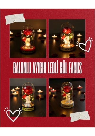 Balonlu Ayıcık Ledli Gül Fanus Dekoratif Masa Lambası Çok Renkli