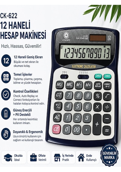 Hesap Makinesi Siyah Gri 14x18.5cm 1 Adet Cockpıt Ck-662t 12 Haneli Büyük Boy Hafızalı Büro Masaüstü Hesap Makinası