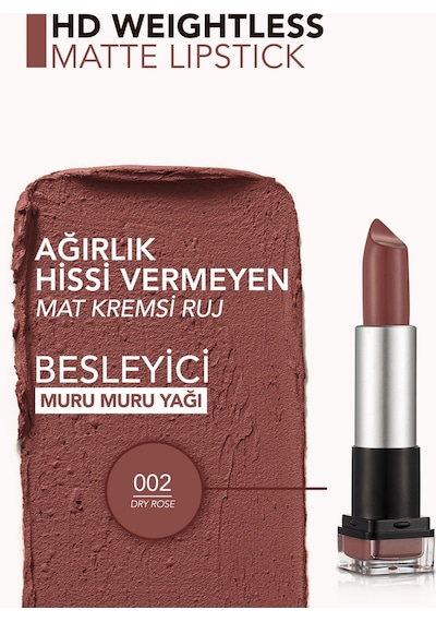 Flormar Hafif Dokulu Mat Ruj (PEMBE) - Hd Weightless Matte Lipstick - 002 Dry Rose - 8690604518579