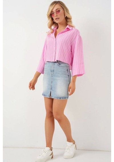 Defymoda Çizgili Oversize Kısa Gömlek 20326 - Pembe Pembe