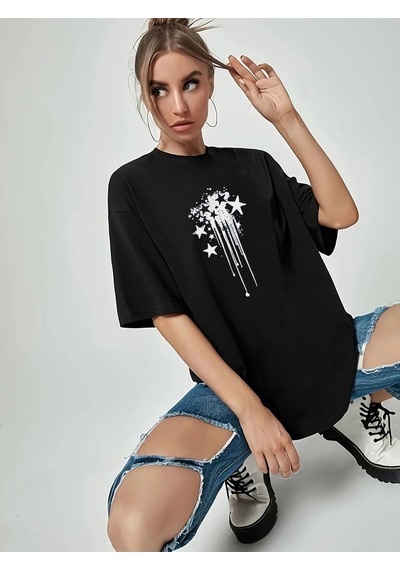 Kadın Siyah Sanatsal Yıldız Ön Baskılı Oversize T-shirt SIYAH