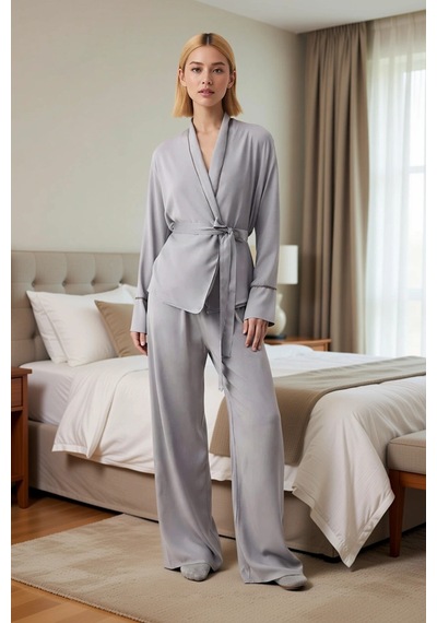 Benerly Kadın V Yaka Uzun Kol Relaxed Kalıp Dokuma Pijama Takımı Fonksiyo gri
