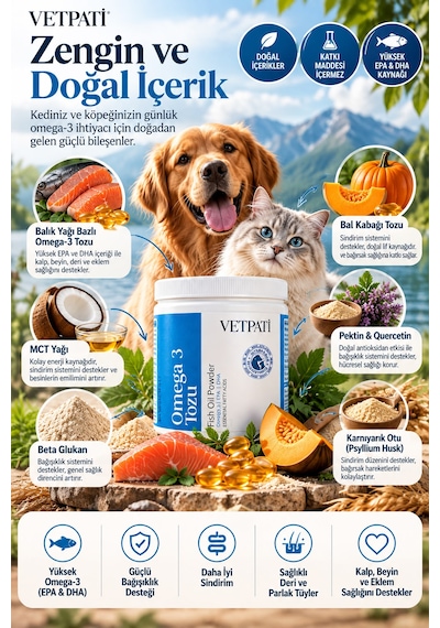 Vetpati Omega 3 Tozu Kedi Ve Köpekler İçin Balık Yağı Epa Dha Deri Tüy Eklem Ve Bağışıklık Desteği