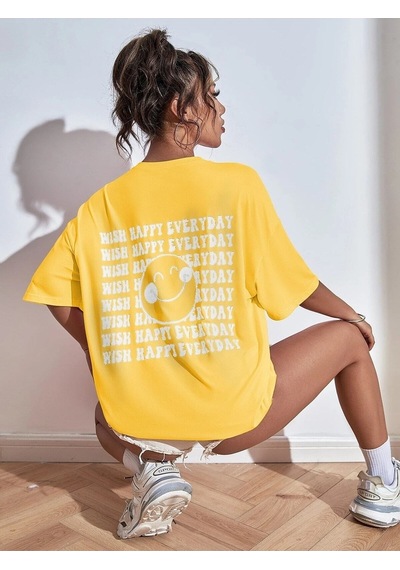Flood Of Style Kadın Sarı Wish Happy Everyday Baskılı Oversize T-shirt