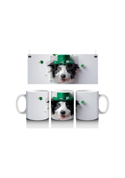 Yoncalarla Süslenmiş St. Patrick S Temalı Border Collie - Baskılı Kahve Kupası Çok Renkli