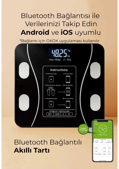 Genz Bilişim Dijital Tartı Baskül Yağ Su Kas Vücut Kitle Endeksi Kilo Ölçer Tartı Siyah