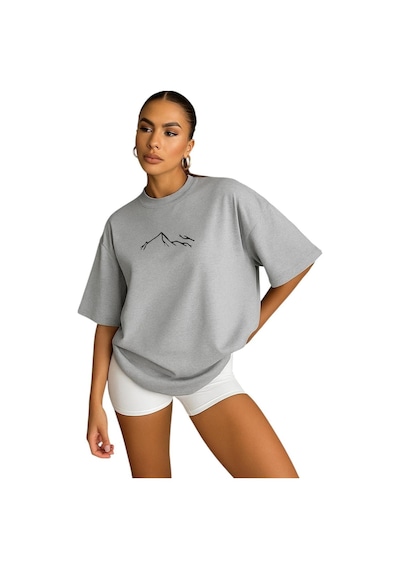 Dağ Baskılı Kadın Oversize Unisex Tişört Gri