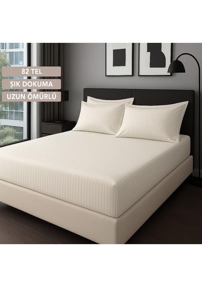 Satin Stripe %100 Pamuk Saten Tek Kişilik Çizgili Lastikli Çarşaf Seti Yastıklı 120x200+30 Bej