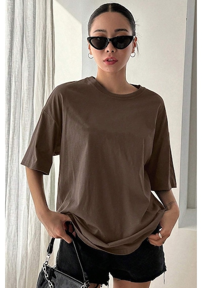 Unisex Sırt Baskılı Do What Oversize Tshirt Kahverengi