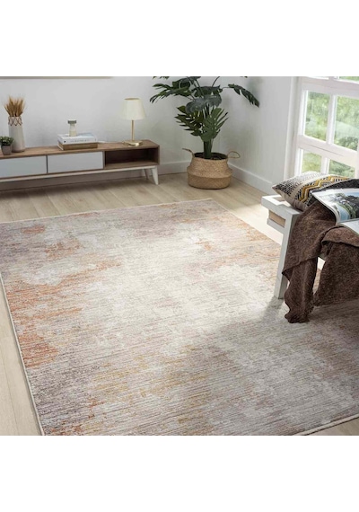 Açık Gri Bej Turuncu Eskitme Desenli Halı - Dk10206tp Açık Bej