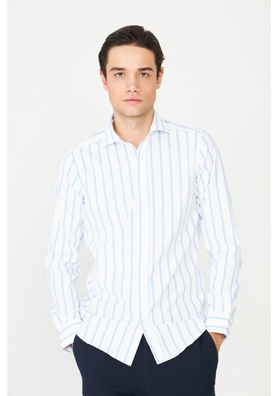Mavi Çizgili Uzun Kollu Gömlek Slim Fit Beyaz-mavi
