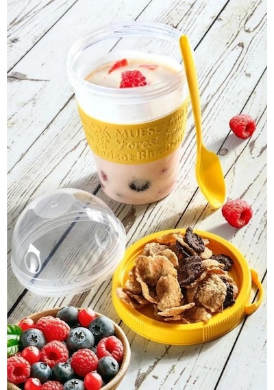 Go  Kapaklı Kaşıklı Hazırla Ve Çık Meyveli Yoğurt Müsli Kabı Beslenme Diyet 600 Ml 001 Bej