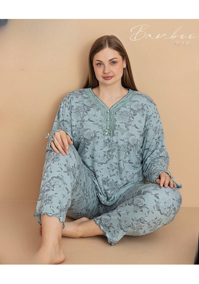 Pijamerry Kadın Büyük Beden Dantel Yaka Bambu Uzun Kol İnce Pijama Takımı 5672 - 1 Adet Yeşil Pijamerry Kadın Büyük Beden Dantel Yaka Bambu Uzun Kol İnce Pijama Takımı 5672 - 1 Adet Yeşil