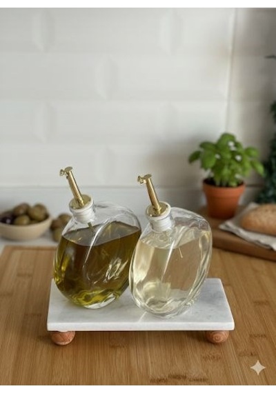 2'li Mermer Stantlı Gold Başlıklı Yağlık&sosluk Seti 500 Ml Kavisli Model Beyaz