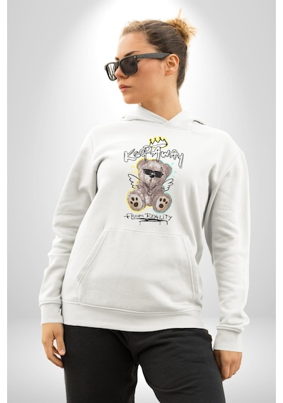 Gerçeklikten Uzak Tutun Kadın Erkek Beyaz Kapüşonlu Sweatshirt Hoodie Beyaz