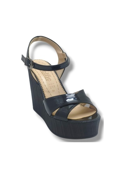 Selfie 4285-26 Rugan Çapraz Bant Yüksek Dolgu Taban Fashion Kadın Sandalet 11cm Siyah